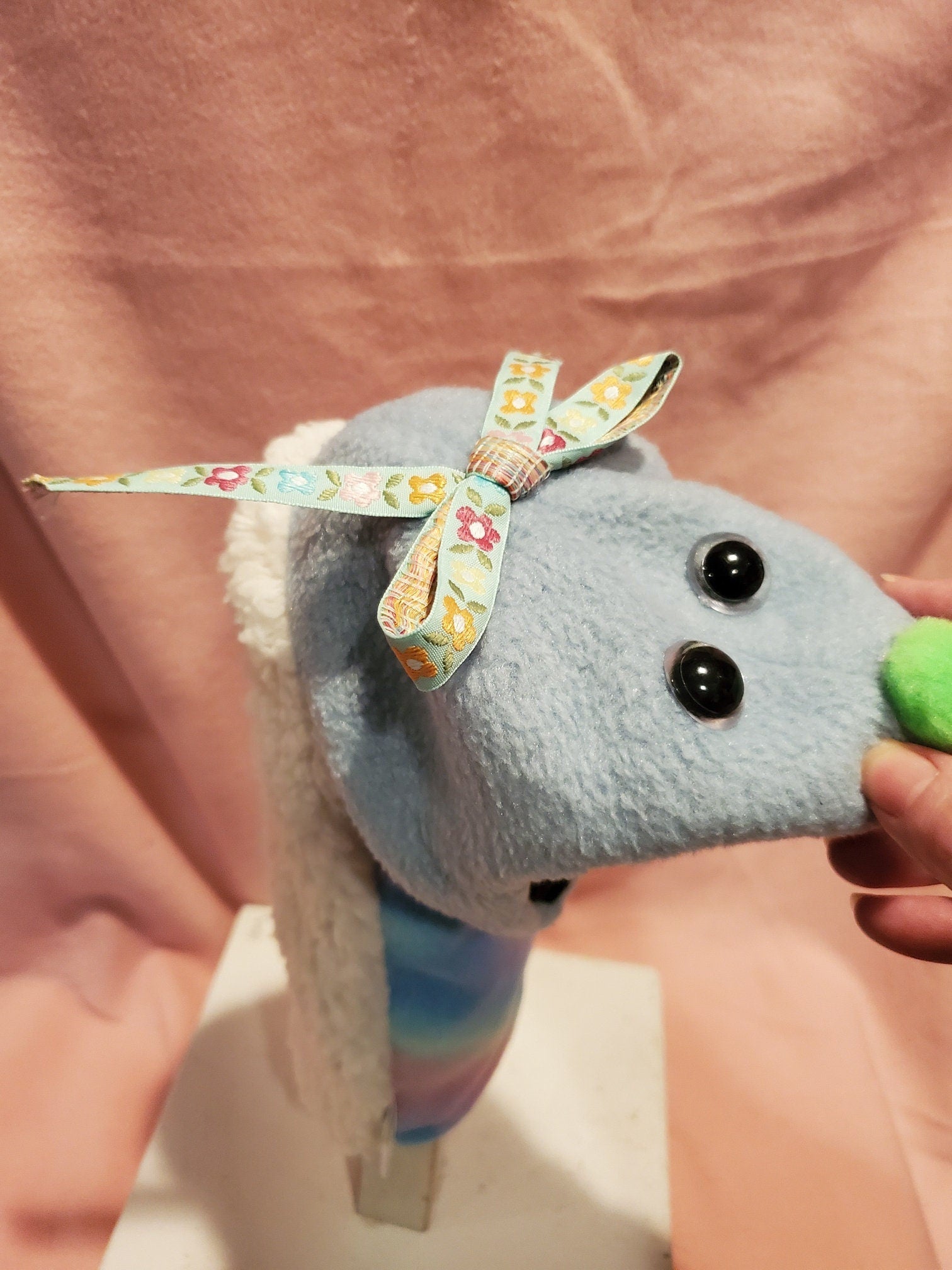 Handmade Sock Puppet Dottie with Bow, Movable Mouth Toy